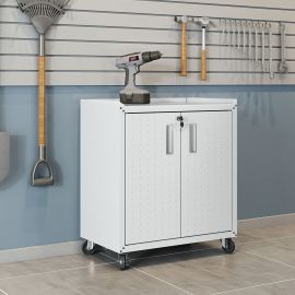 Manhattan Comfort Fortress Textured Metal 31.5" Garage Mobile Cabinet with 2 Adjustable Shelves in White