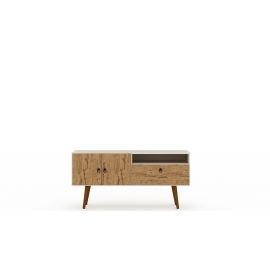 Manhattan Comfort Tribeca 53.94 Mid-Century Modern TV Stand with Solid Wood Legs in Off White and Nature