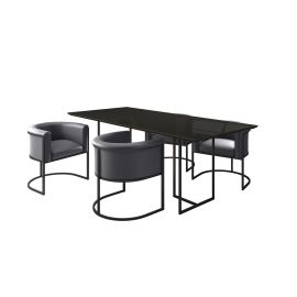 Manhattan Comfort Celine Dining Table with 4 Bali Faux Leather Chairs in Black and Pebble Grey