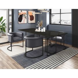 Manhattan Comfort Celine Dining Table with 4 Bali Faux Leather Chairs in Black and Pebble Grey