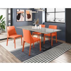 Manhattan Comfort Celine Dining Table with 4 Paris Faux Leather Chairs in Off White and Coral