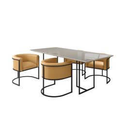 Manhattan Comfort Celine Dining Table with 4 Bali Faux Leather Chairs in Off White and Saddle