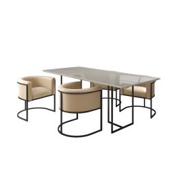 Manhattan Comfort Celine Dining Table with 4 Bali Faux Leather Chairs in Off White and Tan