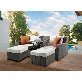 ACME Salena Patio Sectional & 2 Ottomans (2 Pillows) in Beige Fabric & Gray Wicker