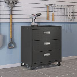 Fortress Textured Metal 31.5" Garage Mobile Chest with 3 Full Extension Drawers in Charcoal Grey