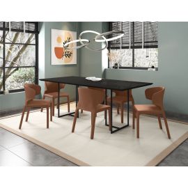 Celine Dining Table with 6 Conrad Faux Leather Chairs in Black and Saddle