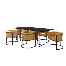 Celine Dining Table with 6 Conrad Faux Leather Chairs in Off White and Saddle