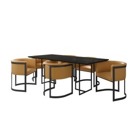 Manhattan Comfort Celine Dining Table with 6 Paris Faux Leather Chairs in Black and Coral