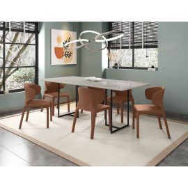 Celine Dining Table with 6 Conrad Faux Leather Chairs in Off White and Saddle