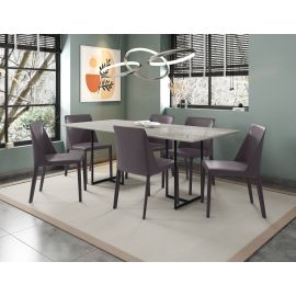Manhattan Comfort Celine Dining Table with 6 Paris Faux Leather Chairs in Off White and Grey
