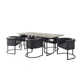 Manhattan Comfort Celine Dining Table with 6 Bali Faux Leather Chairs in Off White and Pebble Grey