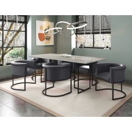 Manhattan Comfort Celine Dining Table with 6 Bali Faux Leather Chairs in Off White and Pebble Grey