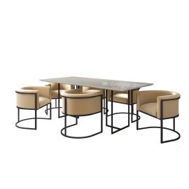 Manhattan Comfort Celine Dining Table with 6 Bali Faux Leather Chairs in Off White and Tan