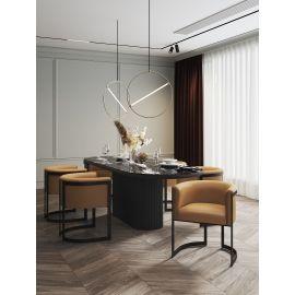 Manhattan Comfort Celine Dining Table with 6 Corso Faux Leather Chairs in Off White and Tan