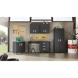 Manhattan Comfort 6-Piece Fortress Textured Garage Set with Cabinets x  Wall Units and Table in Charcoal Grey