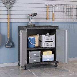 Manhattan Comfort 6-Piece Fortress Textured Garage Set with Cabinets Wall Units and Table in Grey