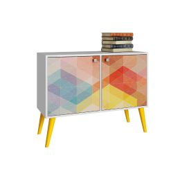 Manhattan Comfort Avesta Double Side Table. 2.0 with 3 shelves in White Stamp and Yellow