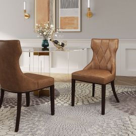 Manhattan Comfort Reine Saddle and Walnut Faux Leather Dining Chair (Set of Two)