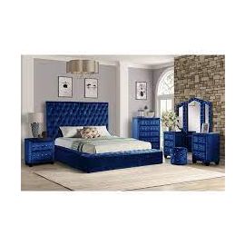 Galaxy Nora Queen 4 Pc Vanity Tufted Storage Bedroom Set made with Wood in Blue