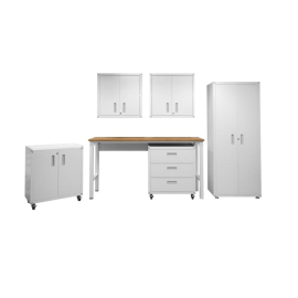 Manhattan Comfort 6-Piece Fortress Textured Garage Set with Cabinets x  Wall Units and Table in White