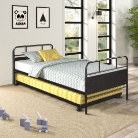 Lucky Furniture Metal Daybed Platform Bed Frame with Trundle Built-in Casters, Twin Size