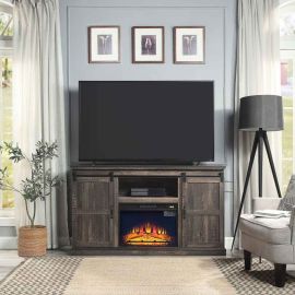 Manhattan Comfort  60" Fireplace with 2 Sliding Doors and Media Wire Management in Heavy Brown