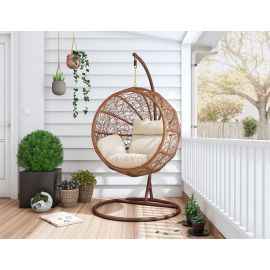 Zolo Metal and Rattan Hanging Lounge Egg Patio Swing with Cream Cushion