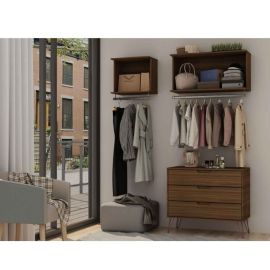 Manhattan Comfort Rockefeller 3-Piece Full Open Closet Wardrobe with 2 Hanging Rods and Dresser in Brown