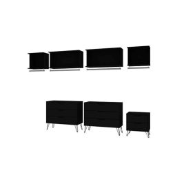 Rockefeller 7-Piece Open Wardrobe with Aluminum Hanging Rods and Dressers in Black