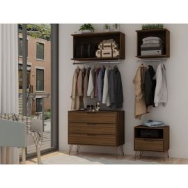 Manhattan Comfort Rockefeller 7-Piece Open Wardrobe with Aluminum Hanging Rods and Dressers in Brown