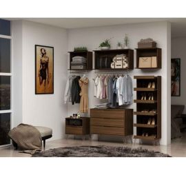 Manhattan Comfort Rockefeller 8-Piece Open Wardrobe with Aluminum Hanging Rods Shoe Storage and Dressers in Brown