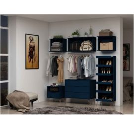 Manhattan Comfort Rockefeller 8-Piece Open Wardrobe with Aluminum Hanging Rods Shoe Storage and Dressers in Tatiana Midnight Blue