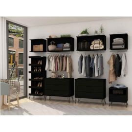 Manhattan Comfort Rockefeller 8-Piece Open Wardrobe with Aluminum Hanging Rods Shoe Storage and Dressers in Black